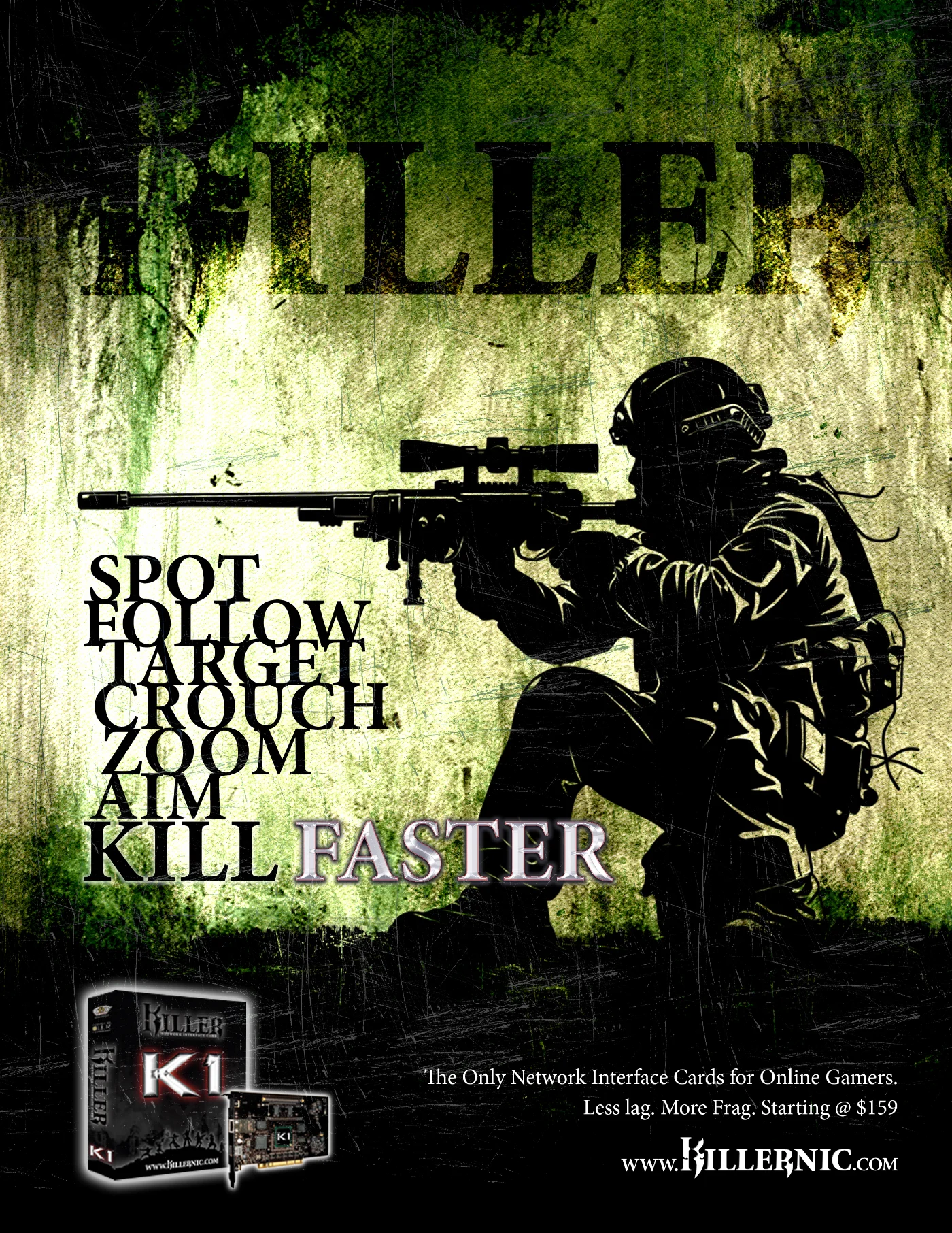 Killer NIC K1 Warrior — full-page gaming print ad for Bigfoot Networks, gamer character concept